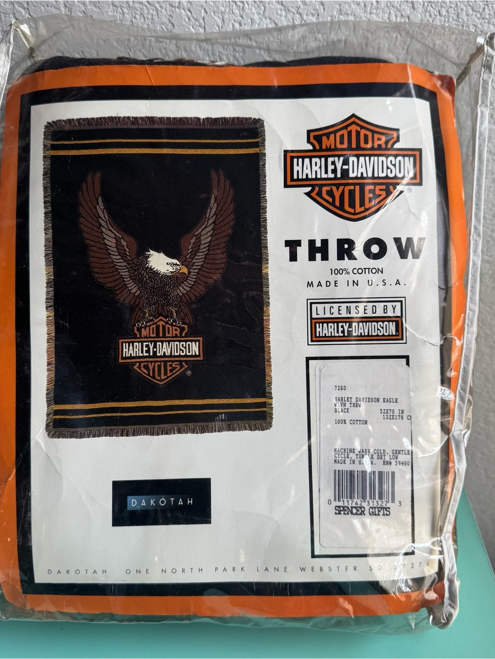 Harley-Davidson Eagle Black and Orange Logo Woven Cotton Knit Throw Dakotah New
